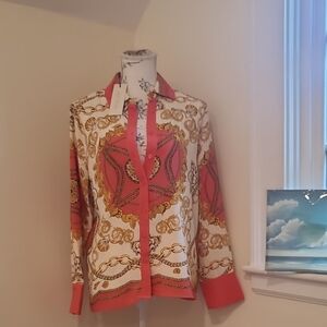 Rachel Zoe Coral and Gold Chain Print Blouse